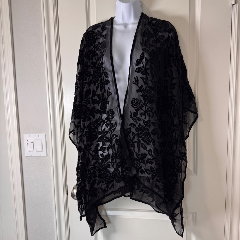 Black Velvet Burnout Floral Kimono Wrap Sheer Rose Pattern Cover Up One Size